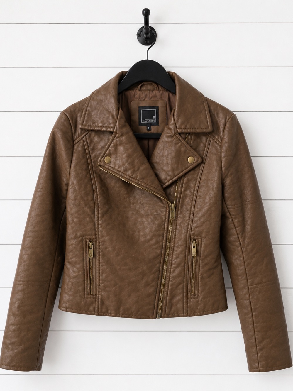 Lark & Ro Chestnut Brown Faux Leather Moto Jacket Small